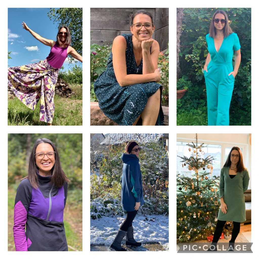 Jahresrückblick: Collage aller selbstgenähten Kleidungsstücke von Juli bis Dezember
Hosenrock, Sommerkleid, Jumpsuit, Troyer, Oversize Hoodie, Weihnachtskleid