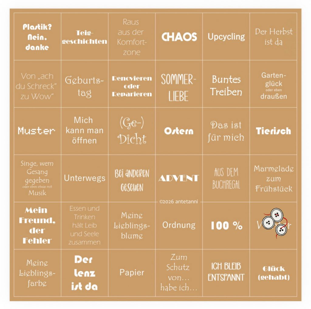 Das Bingofeld von Antetanni 2026. Mein erstes gestrichenes Feld ist der Winter.